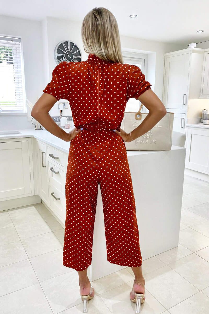 Kikodress - Rust Polka Dot High Neck Culotte Jumpsuit