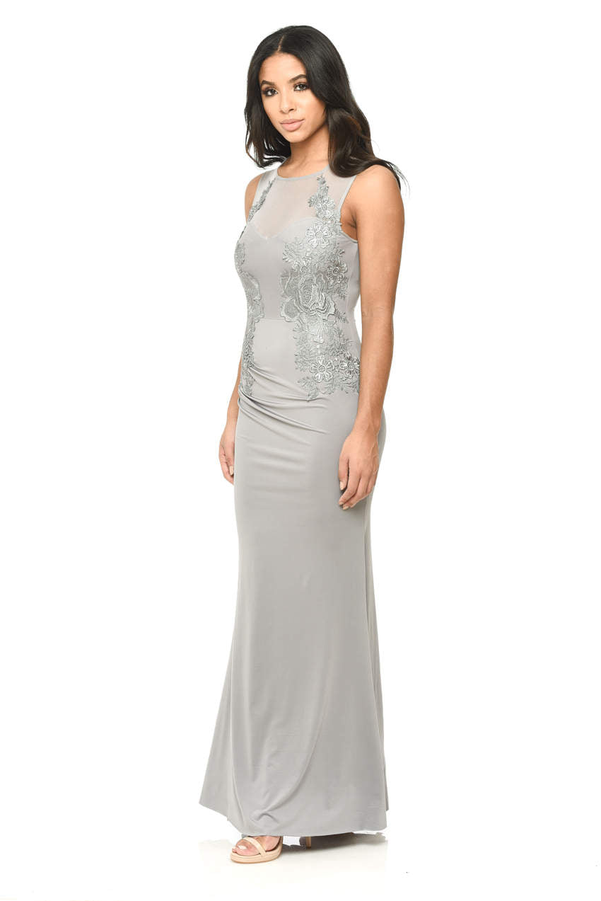 Kikodress - Grey Floor Length Fitted Dress With Lace Detail