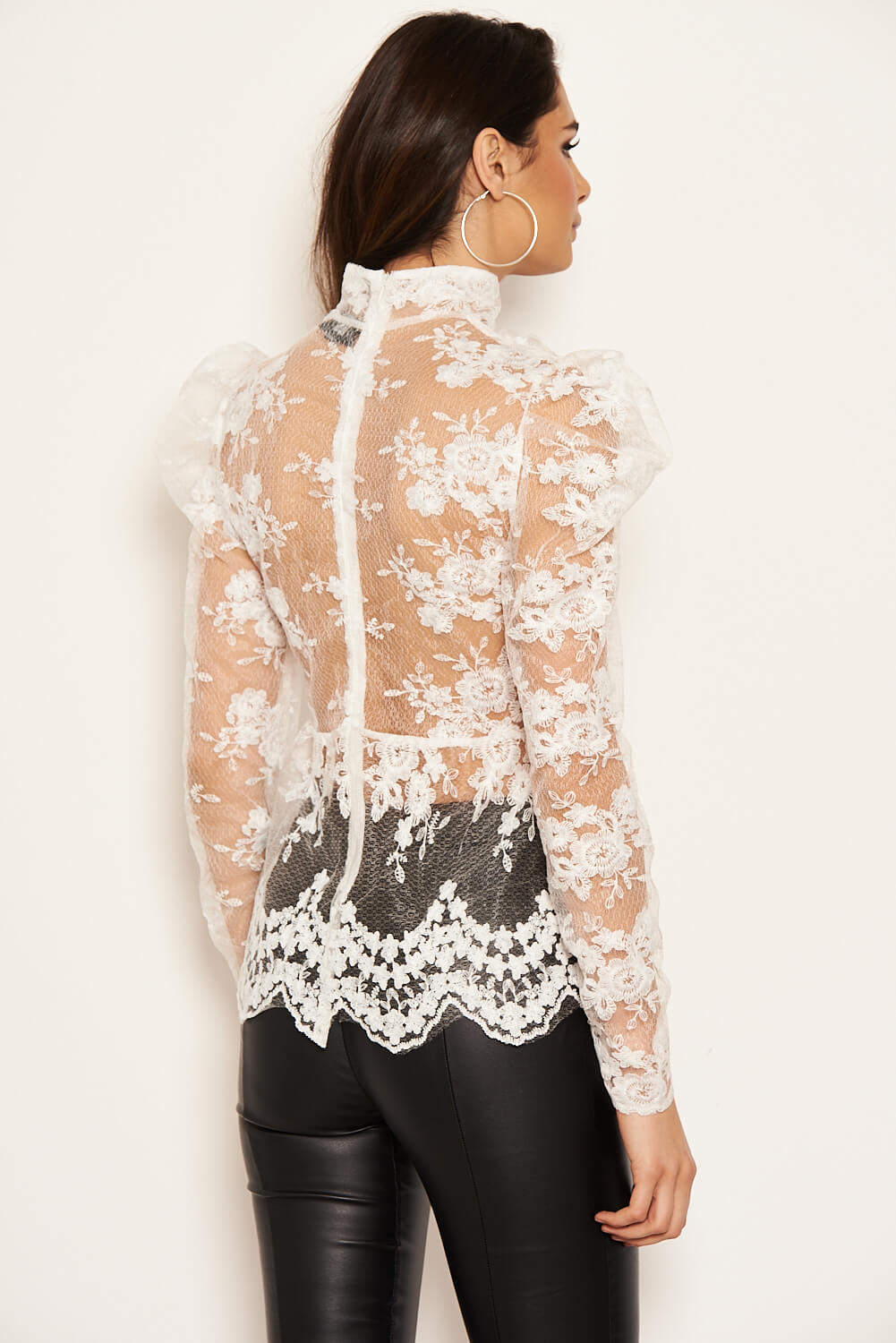 Kikodress - Cream Embroidered Sheer Puff Sleeve Top