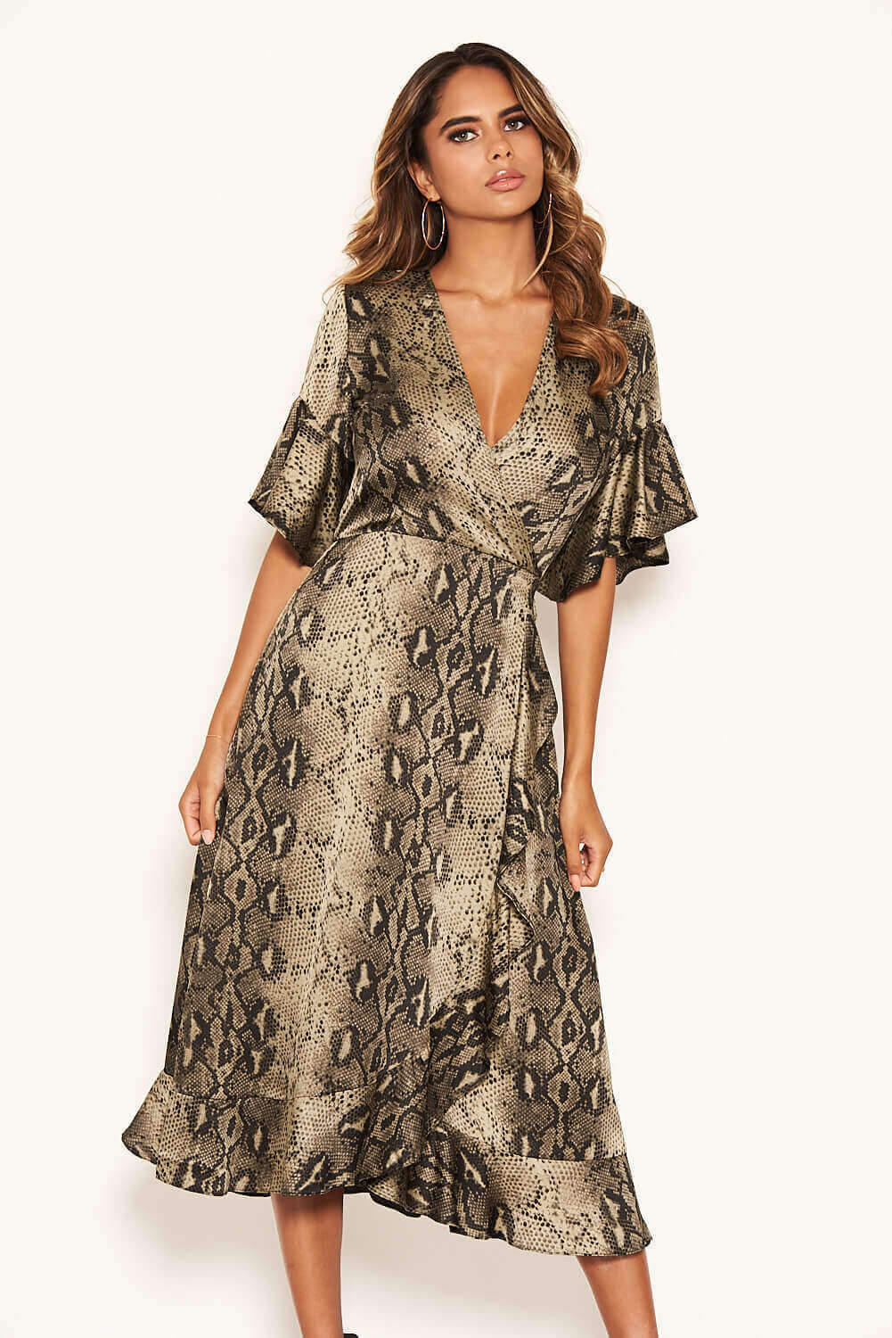 Kikodress - Snake Print Frill Wrap Midi Dress