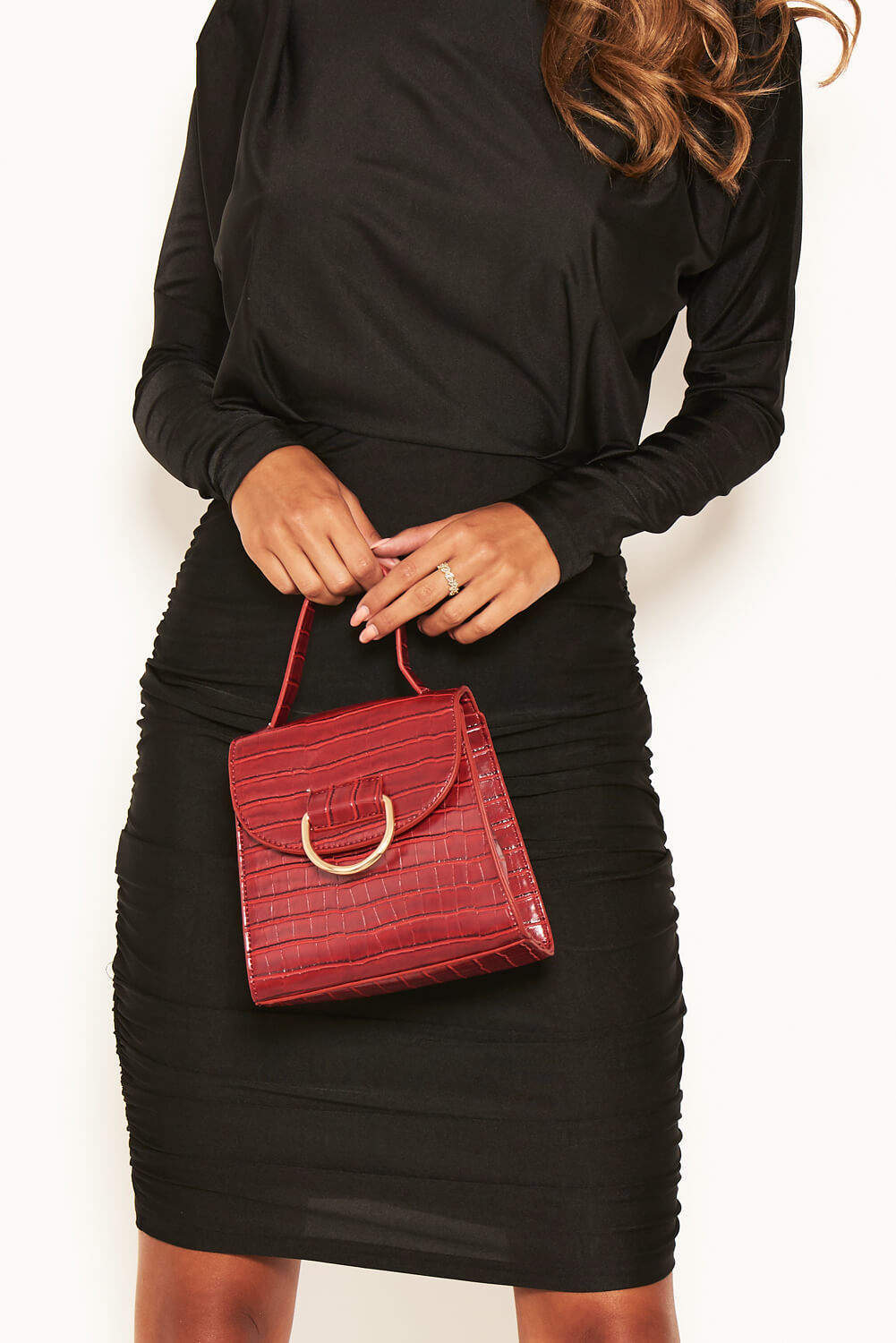 Kikodress - Red Croc Mini Patent Bag With Gold Ring