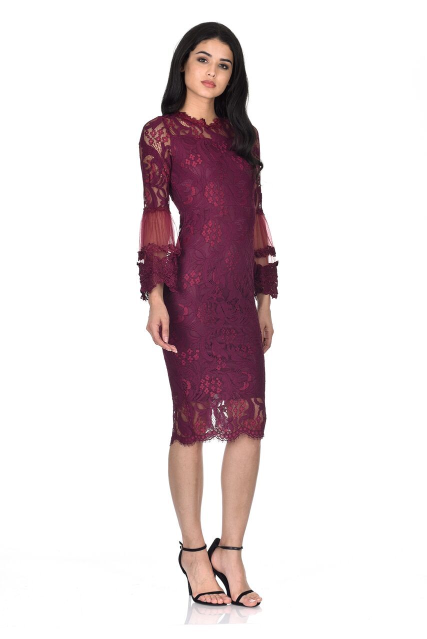 Kikodress - Plum Lace Frill Sleeve Midi Dress