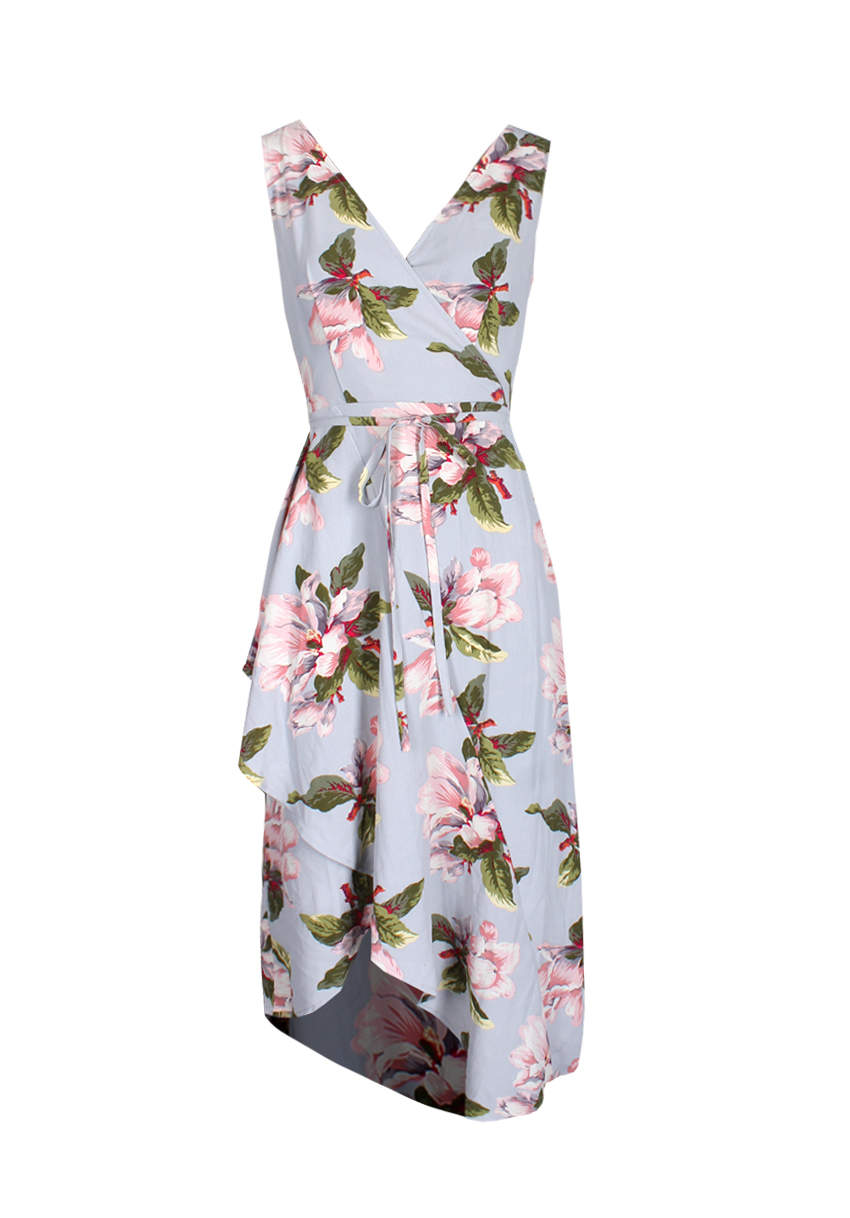 Kikodress - Grey Floral Print Sleeveless Wrap Over Dress