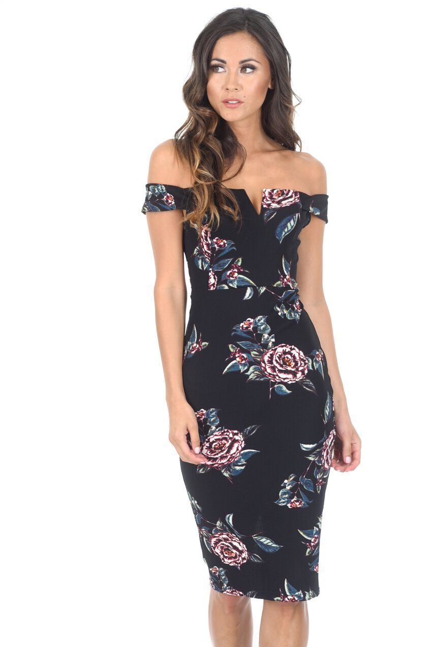 Kikodress - Black Floral Off The Shoulder Midi Dress