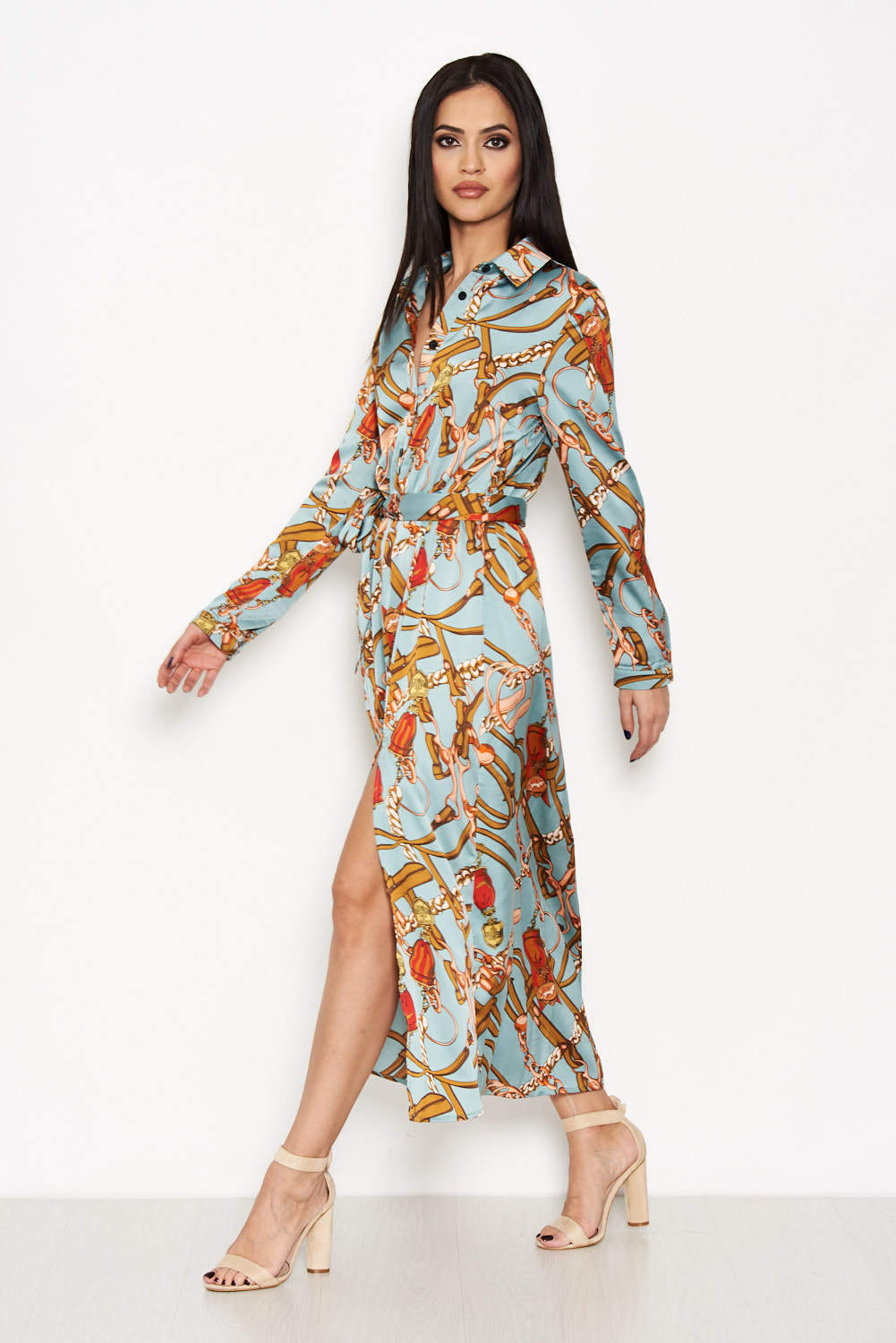 Kikodress - Duck Egg Printed Long Sleeve Shirt Dress