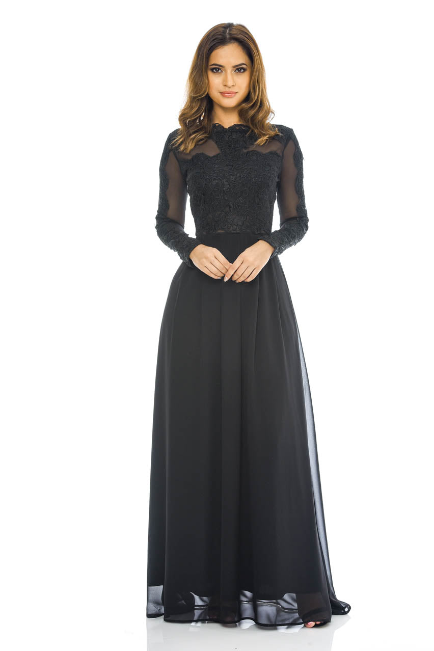 Kikodress - Black Long  Sleeved   Lace  Maxi Dress