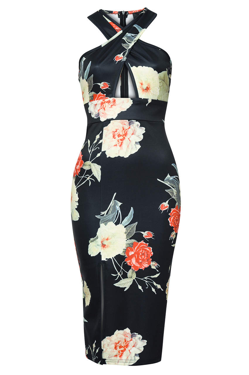 Kikodress - Floral Cross Front Midi Dress