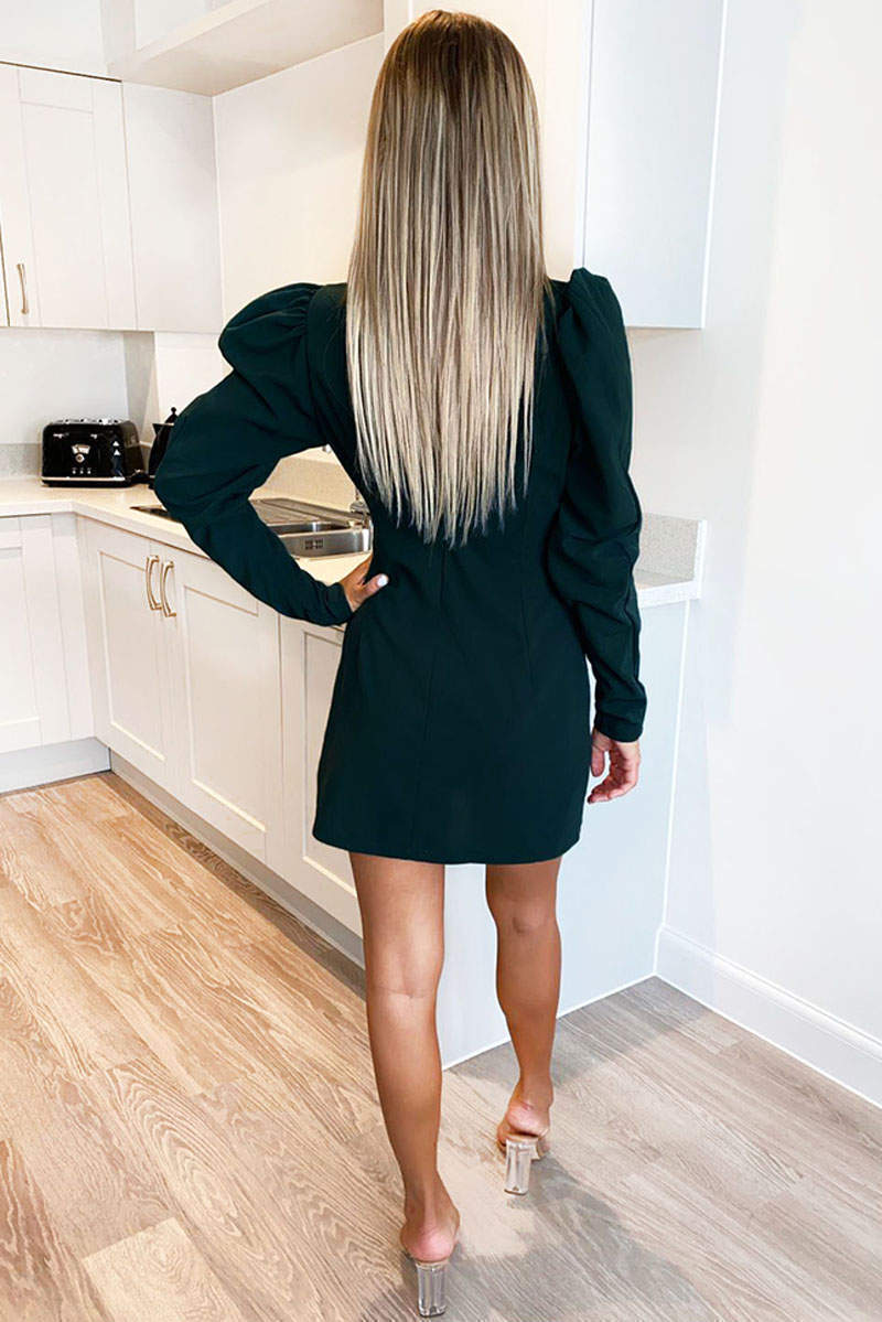 Kikodress - Teal Puff Sleeve Blazer Dress