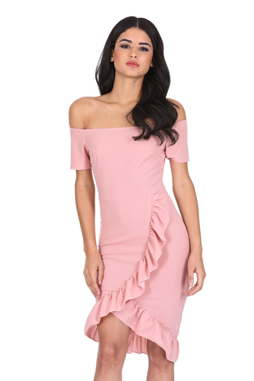 Kikodress - Blush Off The Shoulder Frill Detail Bodycon Dress
