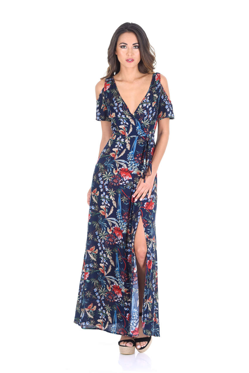 Kikodress - Navy Floral Cold Shoulder Printed Maxi Dress