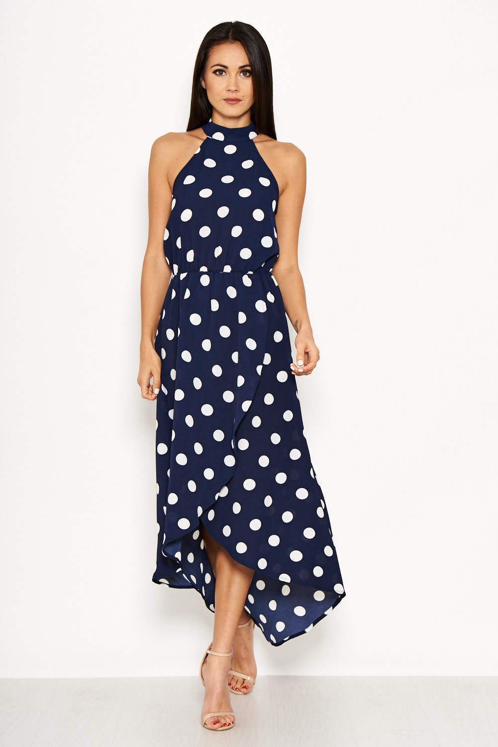 Kikodress - Navy Polka Dot Print High Neck Maxi Dress