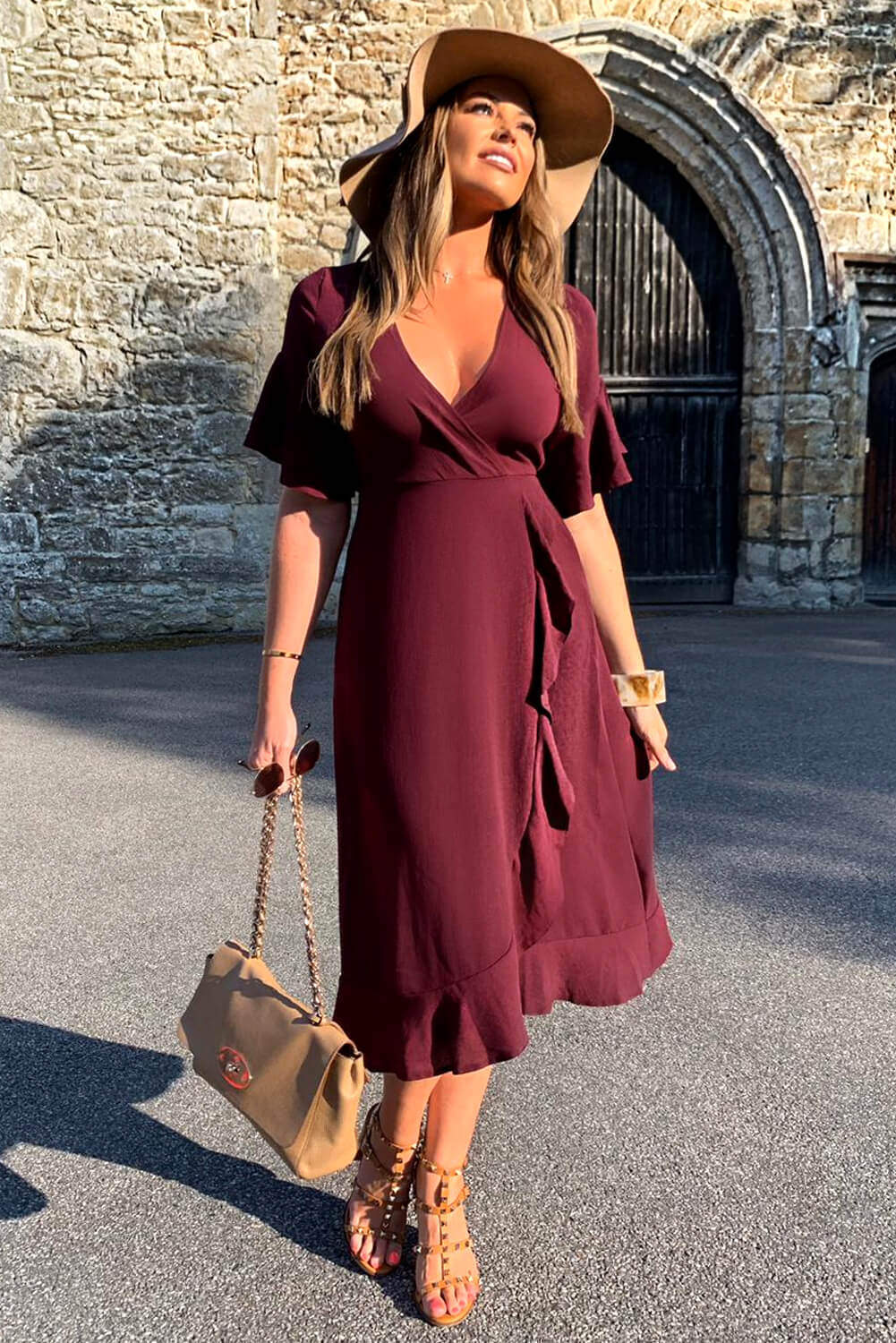Kikodress - Plum Midi Dress With Frill Hem And Sleeves