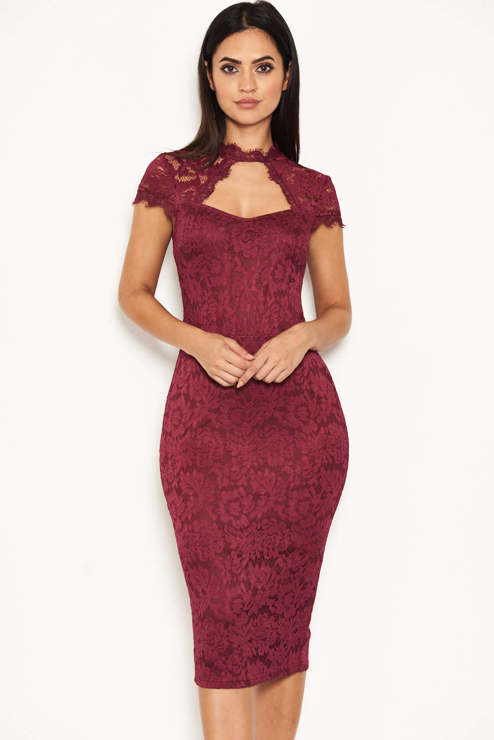 Kikodress - Plum Lace Open Back Bodycon Midi Dress
