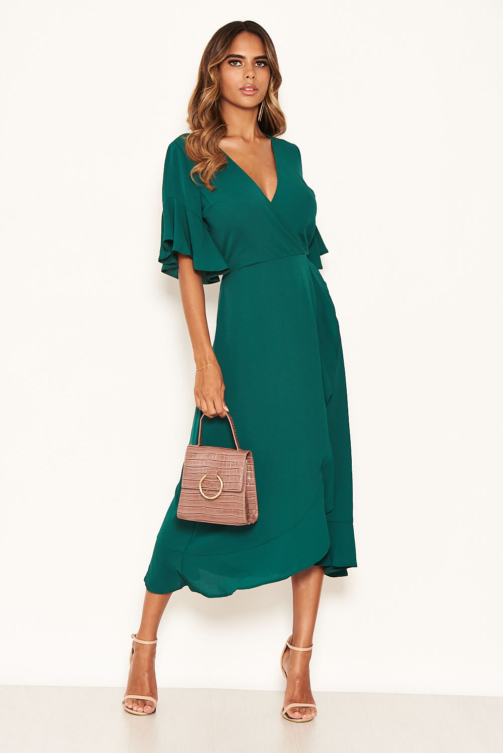 Kikodress - Teal Midi Dress With Frill Hem And Sleeves