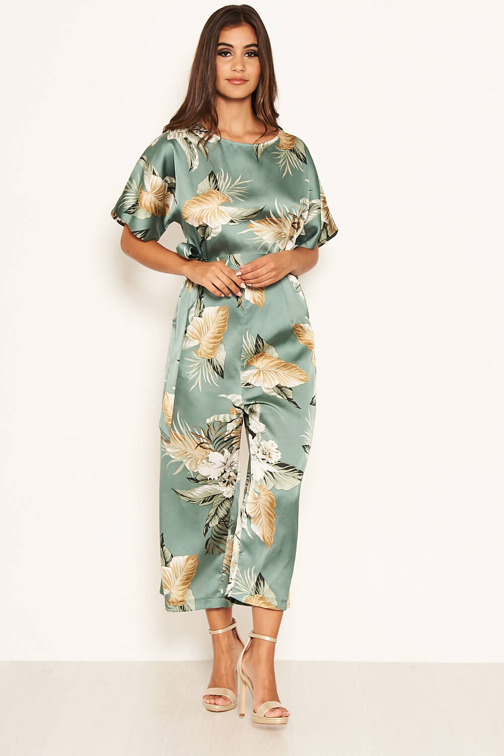 Kikodress - Duck Egg Floral Print Culotte Jumpsuit