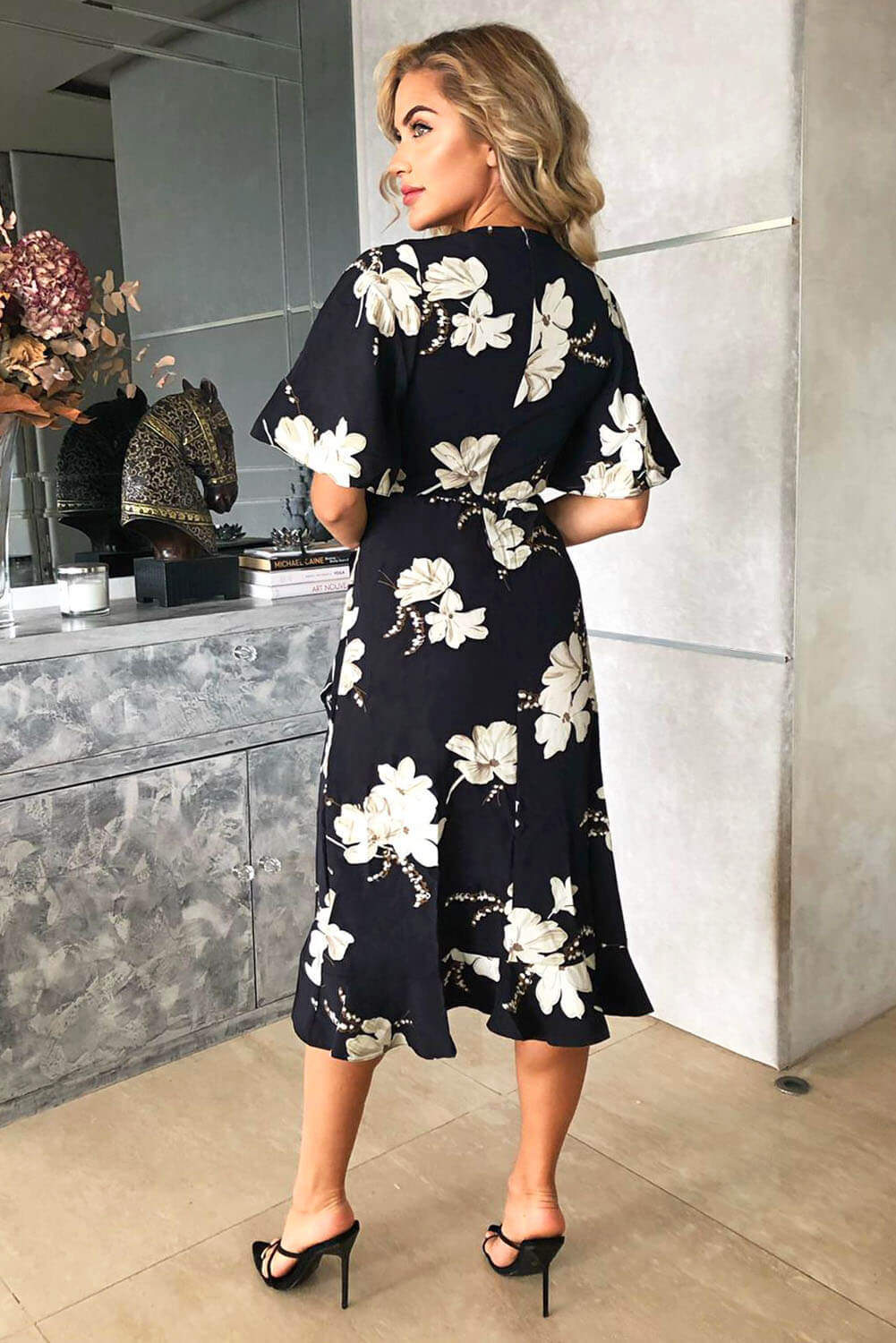 Kikodress - Navy Floral Gathered Frill Midi Dress