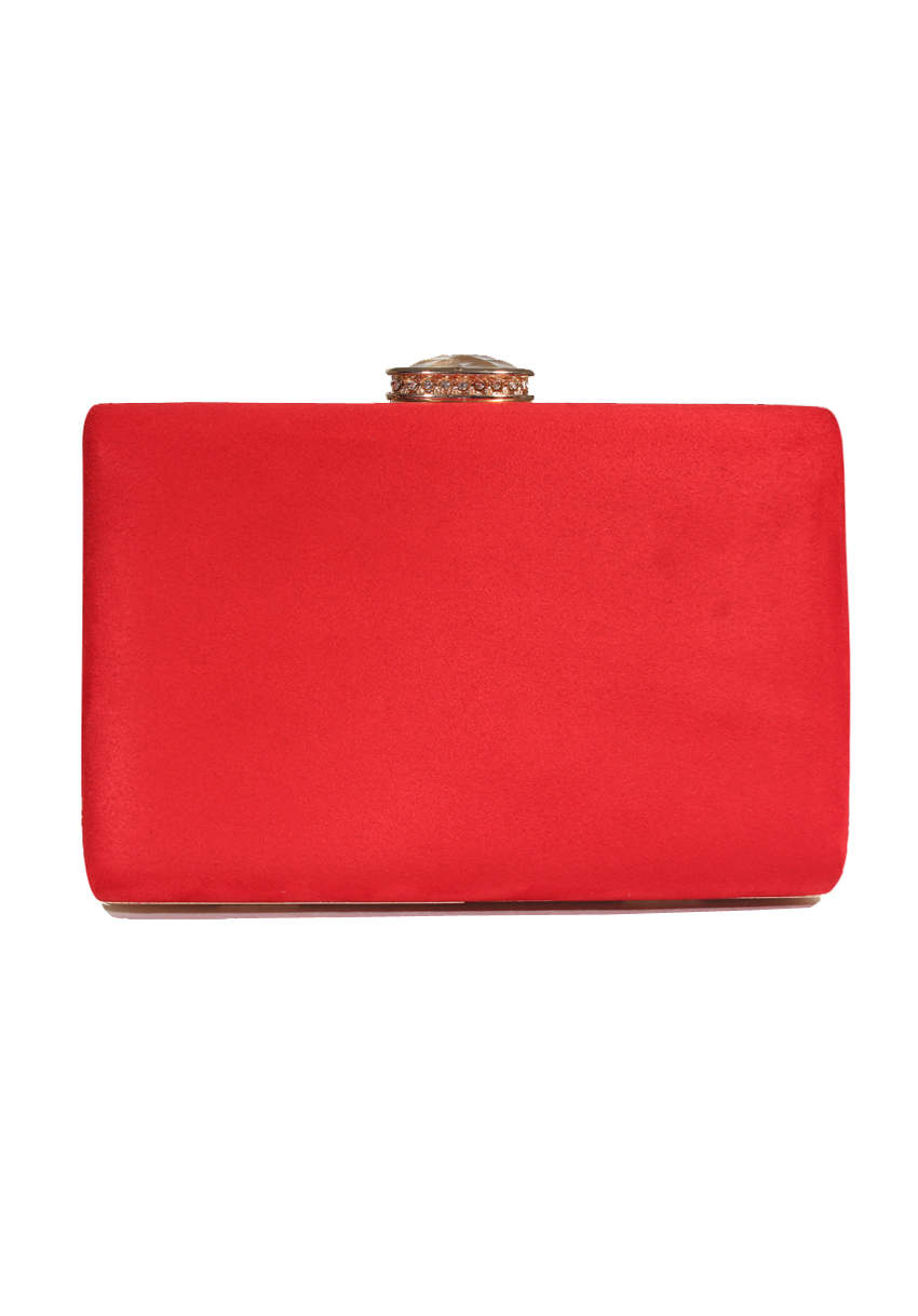 Kikodress - Red Suede Box Clutch With Jewel Clasp