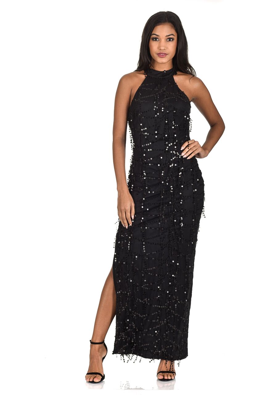 Kikodress - Black Cut In Neck Sequin Maxi Dress