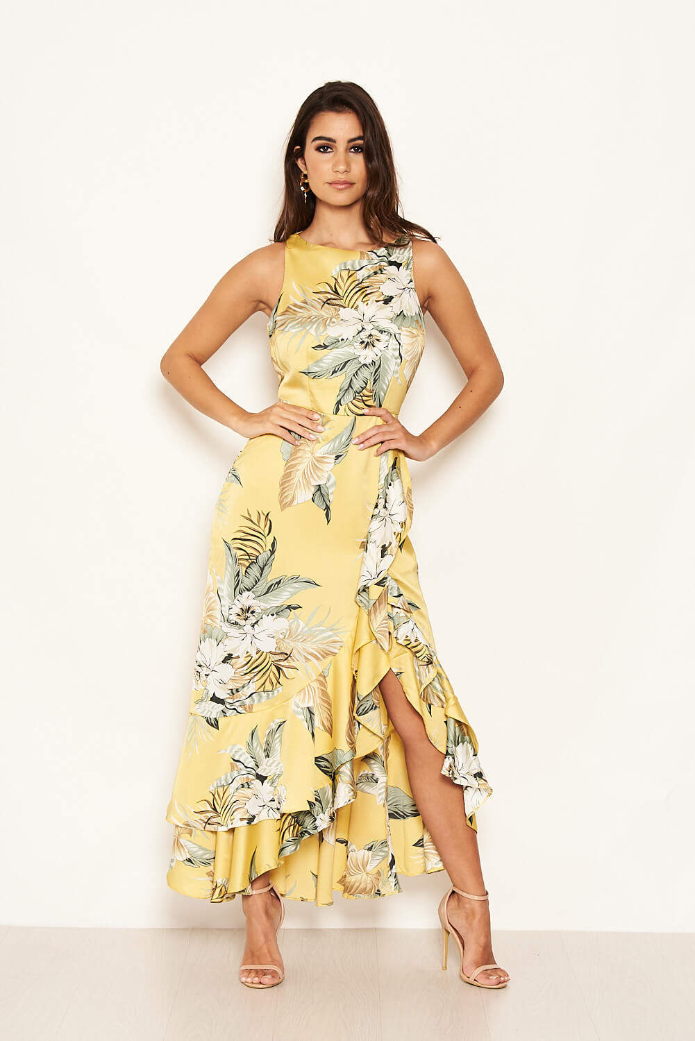 Kikodress - Yellow Frilled Floral Midi Dress with Side Slip