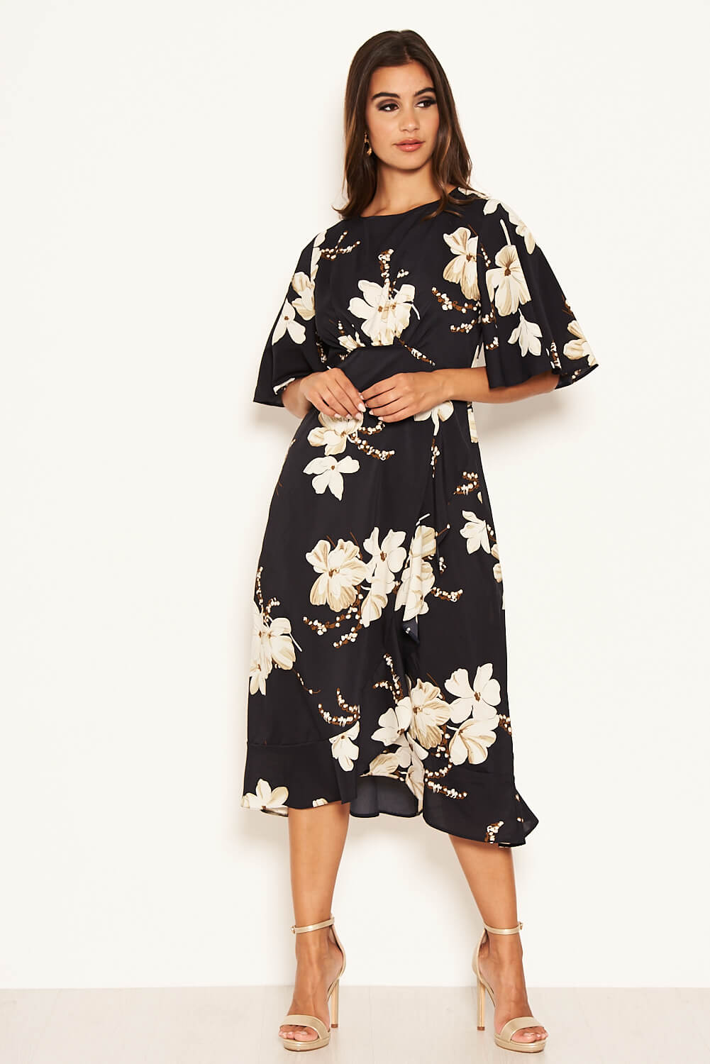 Kikodress - Navy Floral Gathered Frill Midi Dress