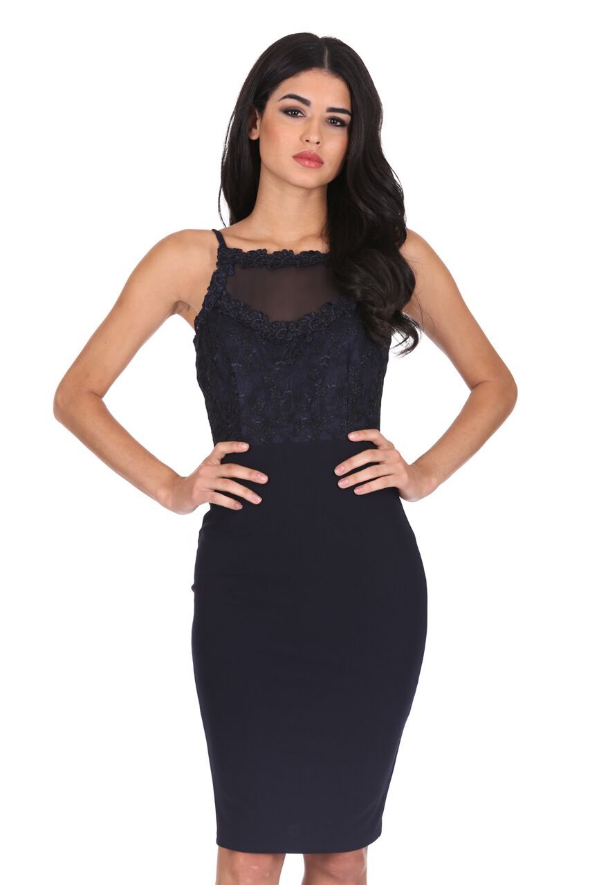 Kikodress - Navy Mesh Embroidered Midi Dress