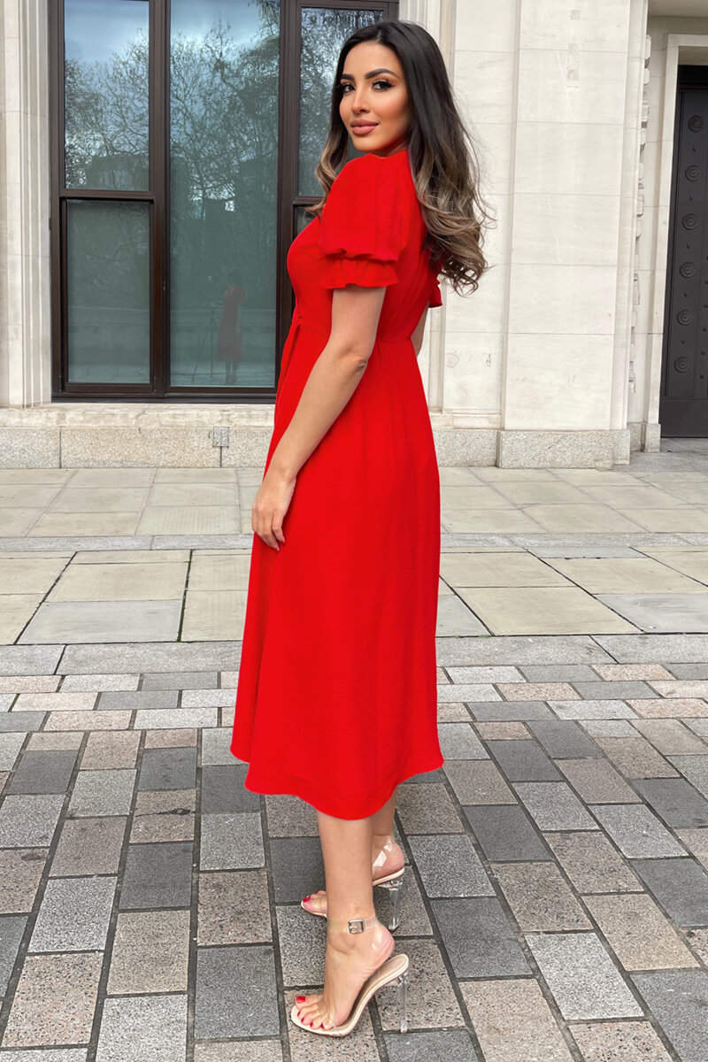 Kikodress - Red Wrap Side Tie Midi Dress