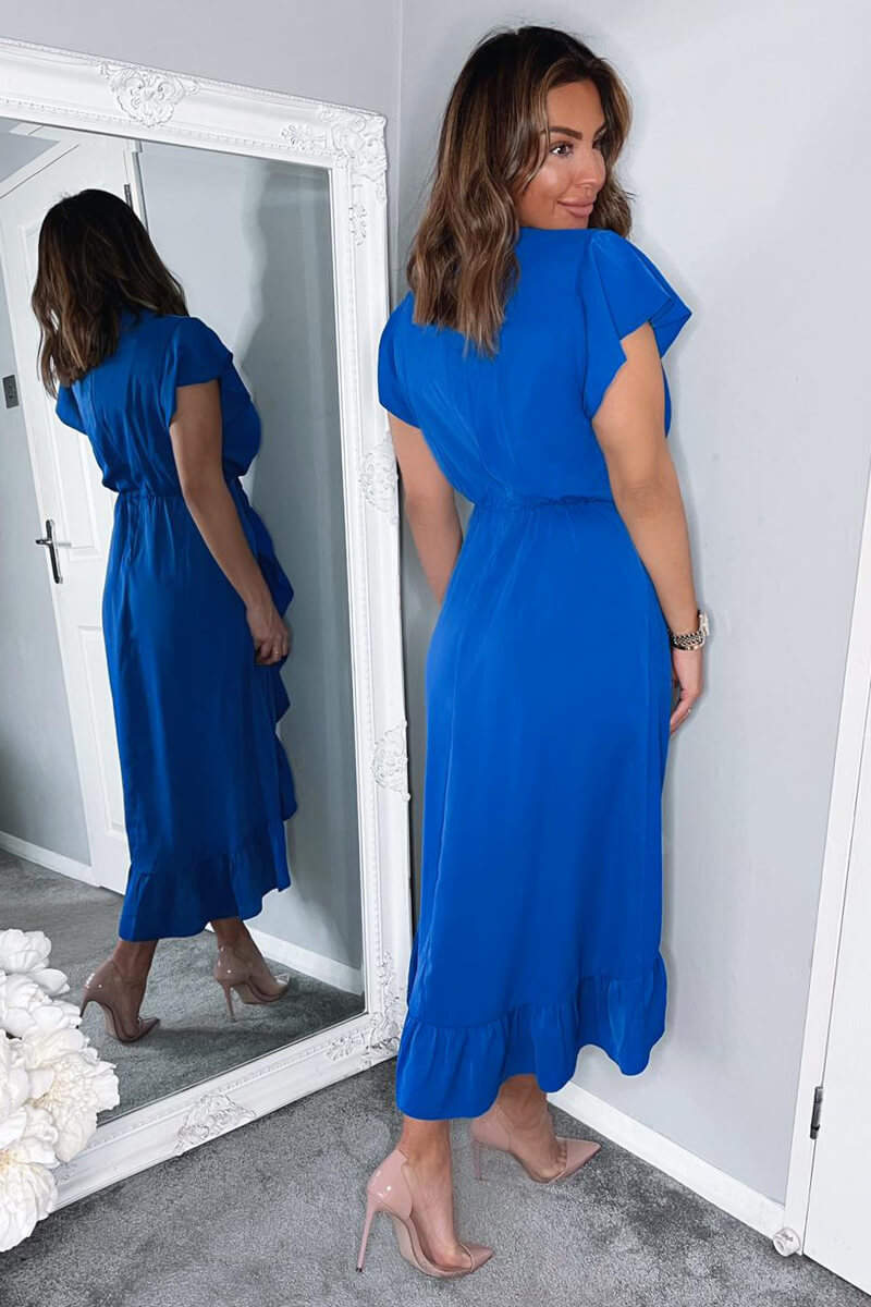 Kikodress - Blue Wrap Over Frill Hem Short Sleeve Midi Dress