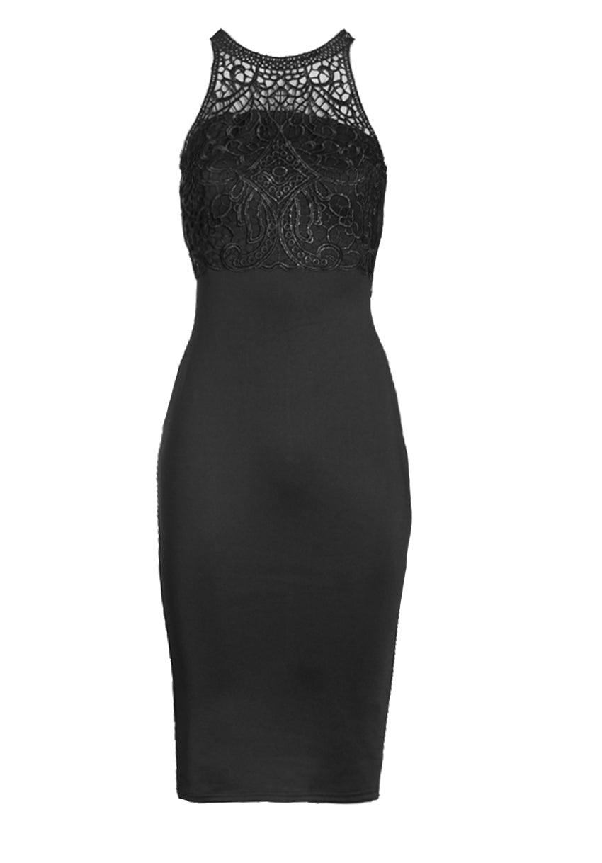 Kikodress - Black Crochet High Neck Midi Dress