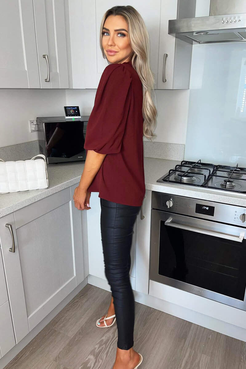 Kikodress - Wine Elasticated Neck Puff Sleeve Blouse