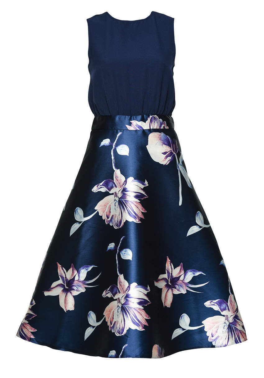Kikodress - Navy Floral 2 in 1 Midi Skater Dress