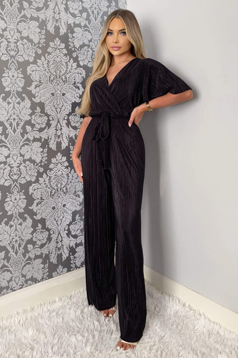 Kikodress - Black Plisse Wrap Top Jumpsuit