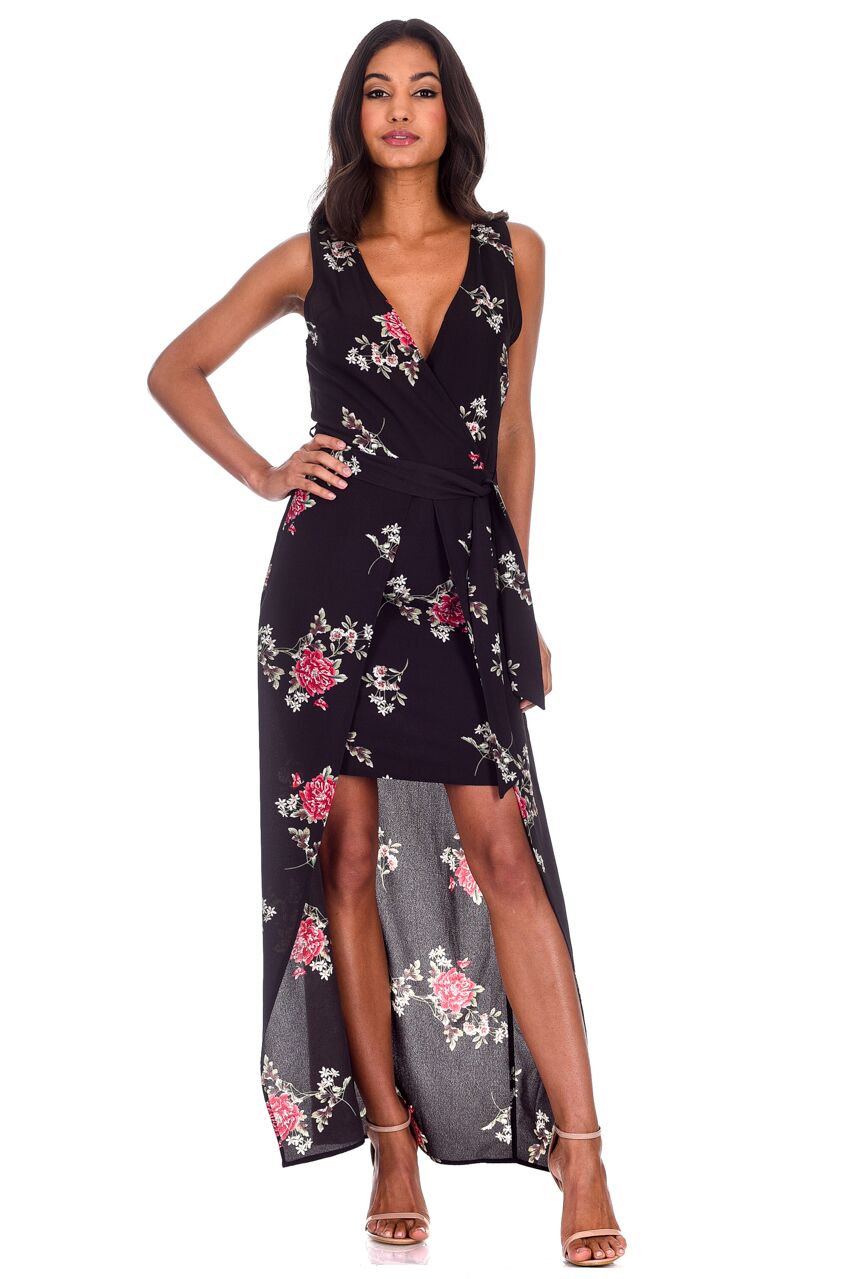 Kikodress - Black Floral V-Neck Wrap Skirt Dress