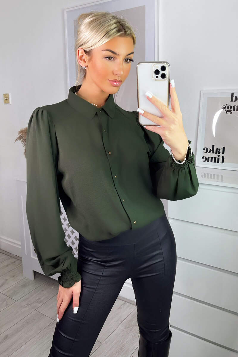 Kikodress - Olive Gold Button Up Elasticated Cuff Shirt