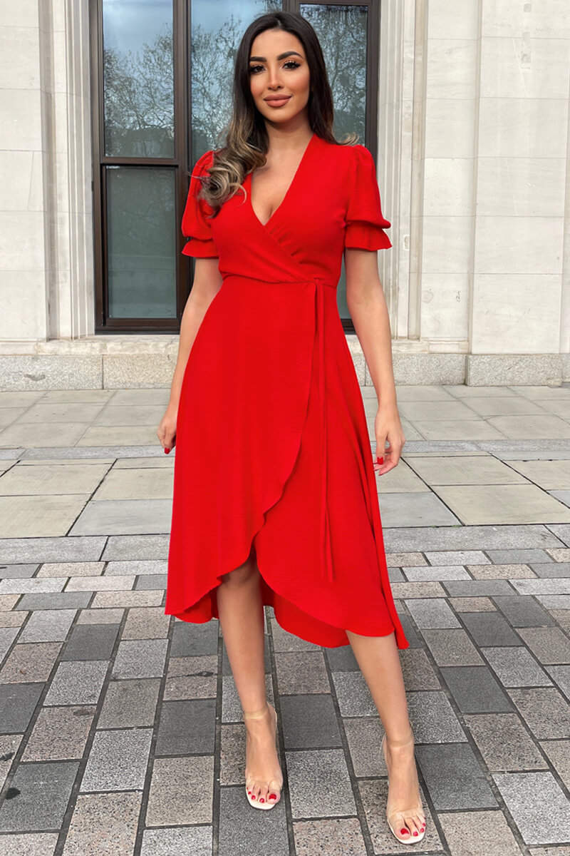 Kikodress - Red Wrap Side Tie Midi Dress
