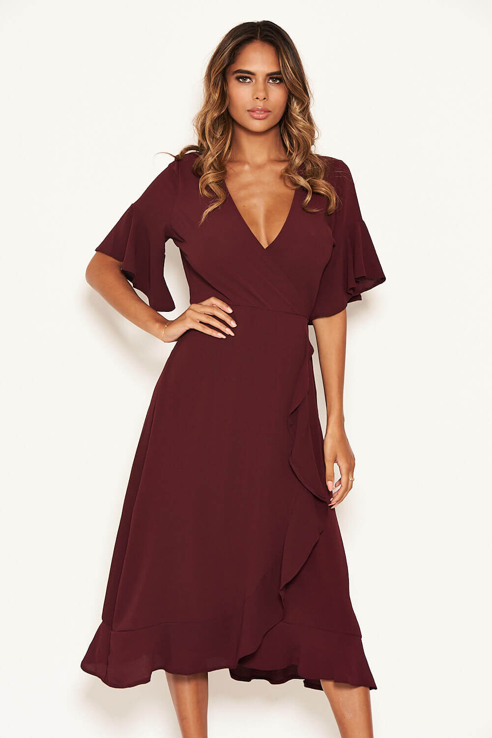 Kikodress - Plum Midi Dress With Frill Hem And Sleeves