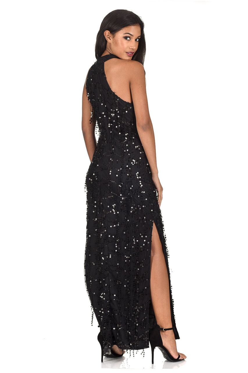 Kikodress - Black Cut In Neck Sequin Maxi Dress