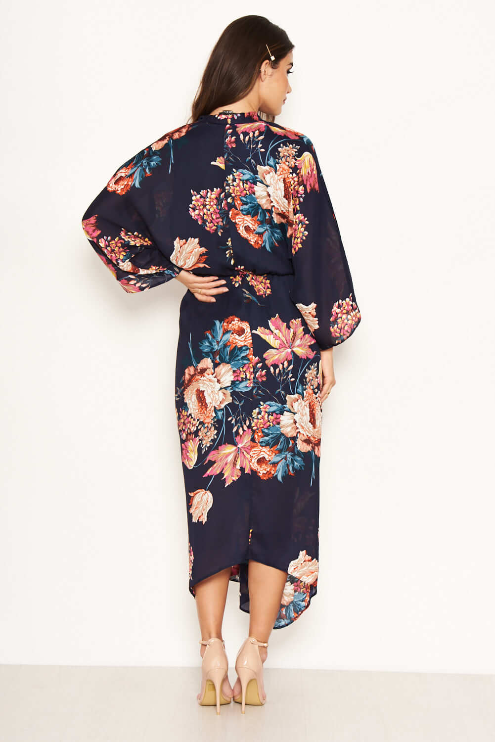 Kikodress - Navy Floral Kimono Sleeve Maxi Dress