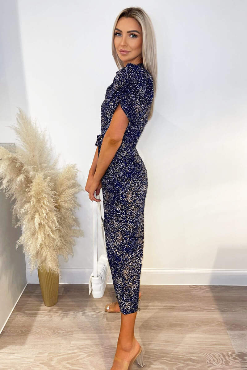Kikodress - Navy Printed Puff Wrap Over Jumpsuit