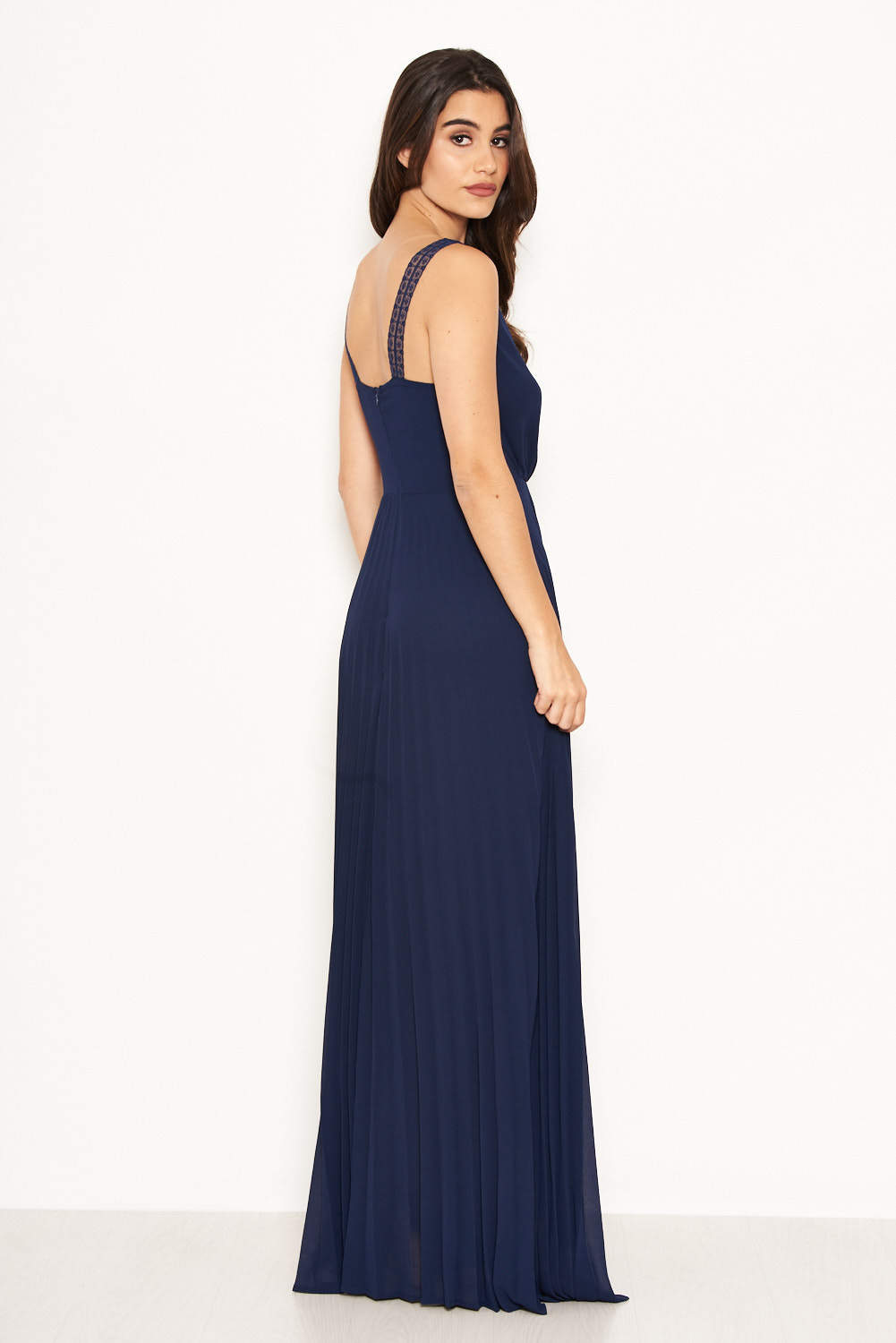 Kikodress - Navy Pleated Maxi Dress With Lace Straps