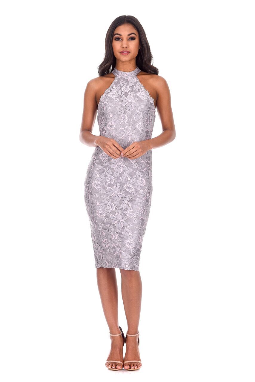 Kikodress - Grey Lace Cut In Neck Midi Dress