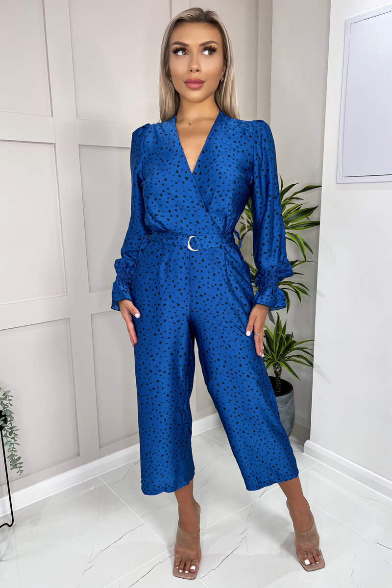 Kikodress - Blue And Black Printed Wrap Over Belted Jumpsuit