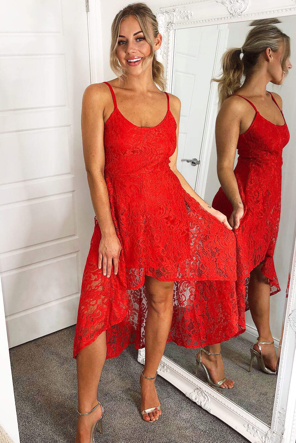 Kikodress - Red Lace Strappy Waterfall Front Dress