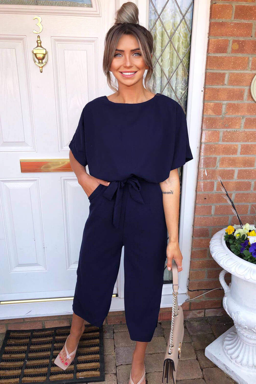 Kikodress - Navy Tie Waist Culotte Jumpsuit