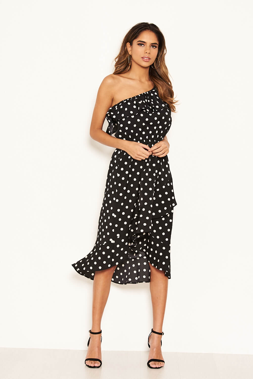 Kikodress - Black Polka Dot One Shoulder Frill Dress