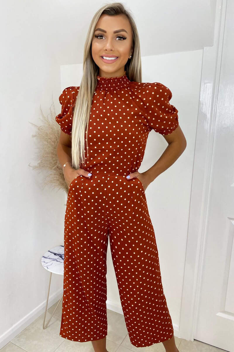 Kikodress - Rust Polka Dot High Neck Culotte Jumpsuit