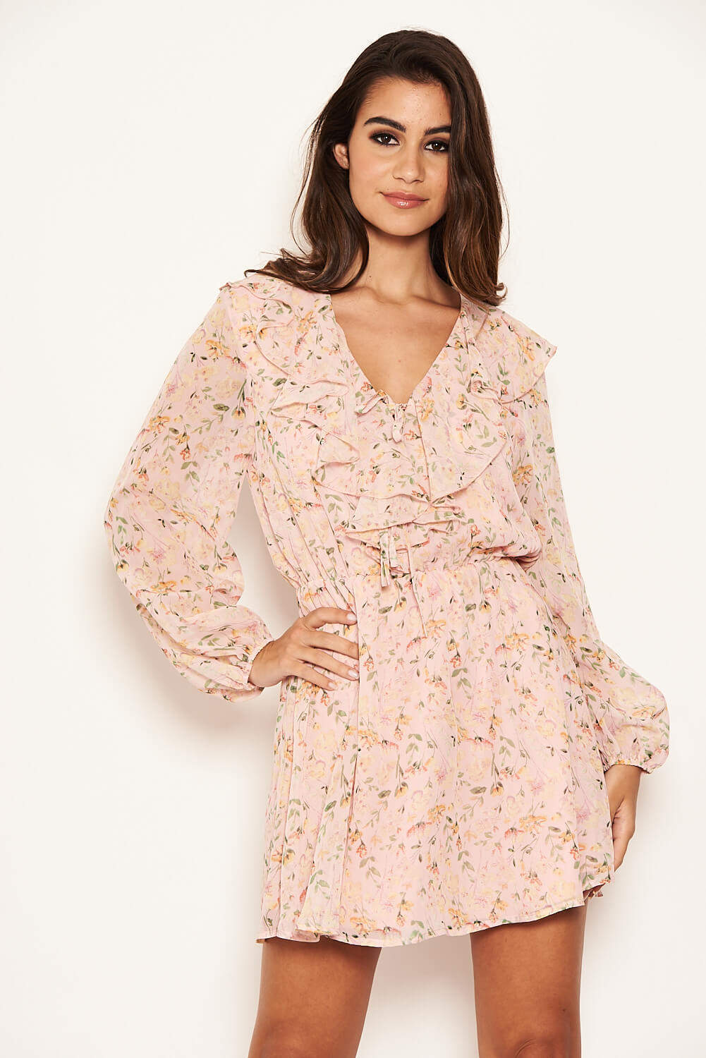 Kikodress - Pink Floral Lace up Front Frill Dress