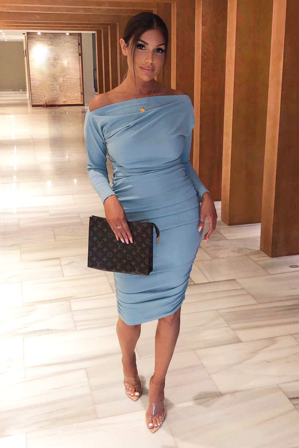 Kikodress - Duck Egg Off Shoulder Ruched Dress