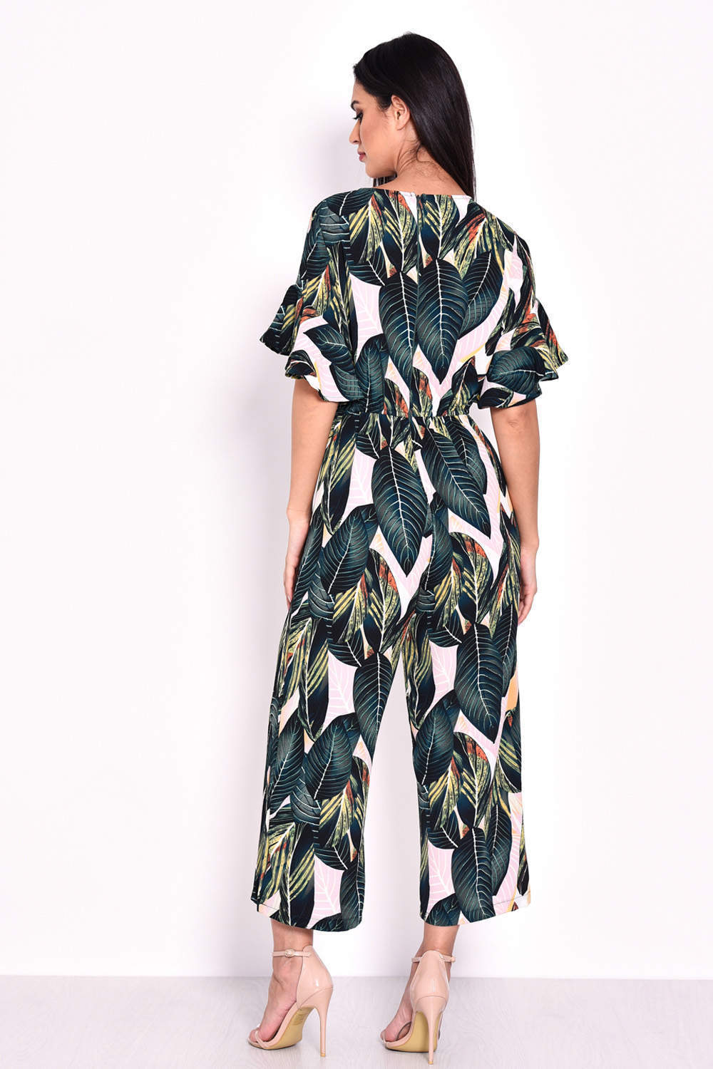 Kikodress - Leaf Printed Frill Detail Wrap Front Jumpsuit