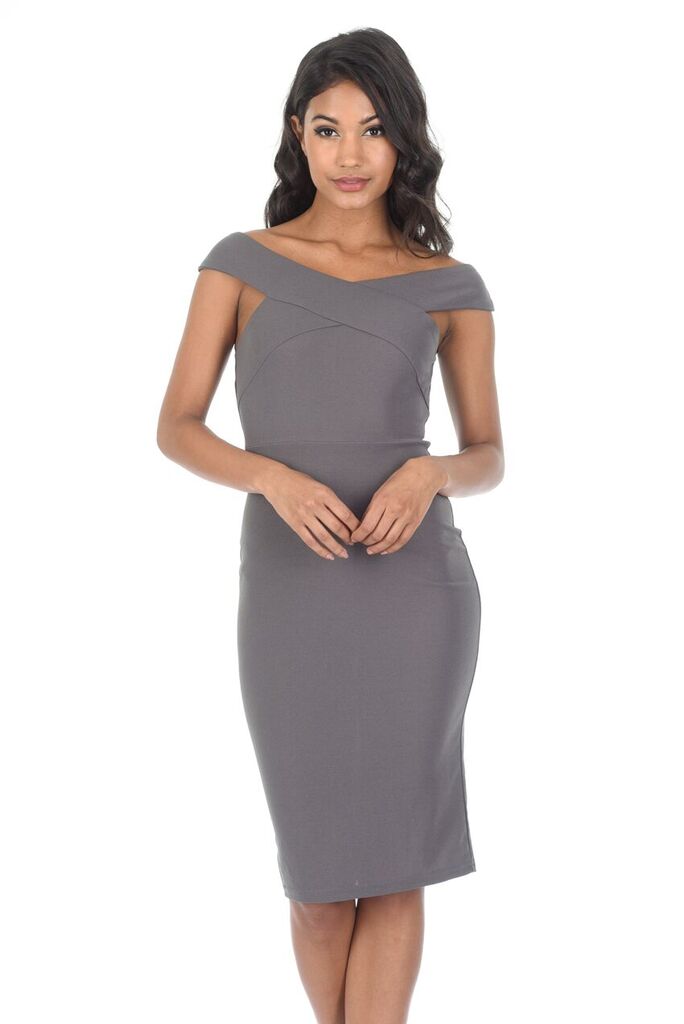 Kikodress - Pewter Cross Over Bardot Bodycon Dress