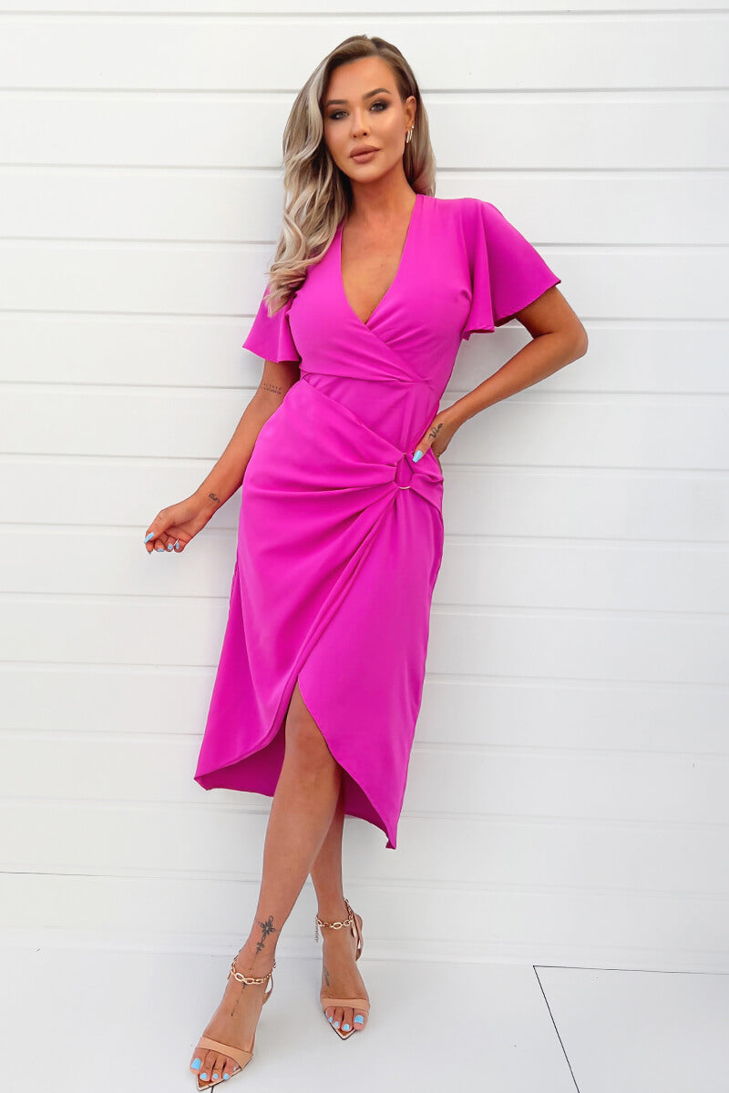 Kikodress - Hot Pink Short Sleeve V-Neck Buckle Wrap Midi Dress